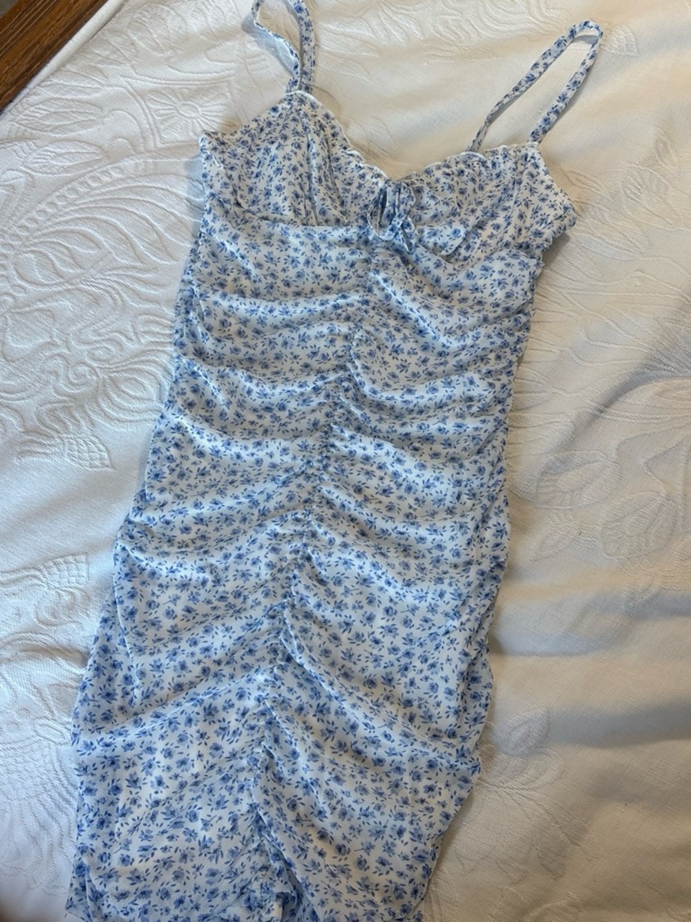 Blue Floral Mini Dress with ruched detailing